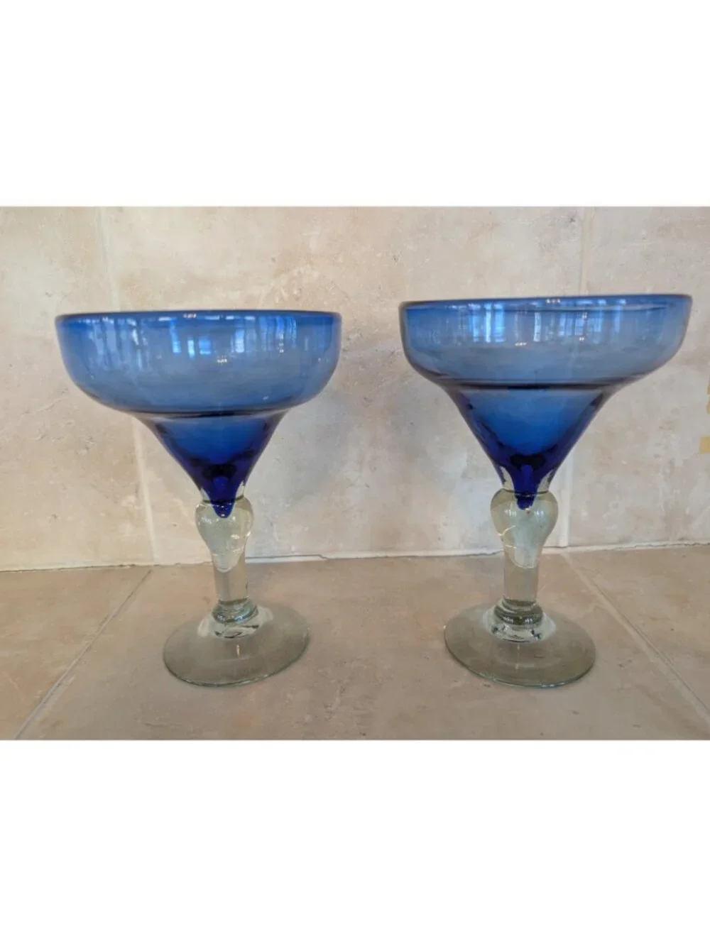 Set of 3 Blue Mexican Artisan Glass Margarita Cocktail Glasses